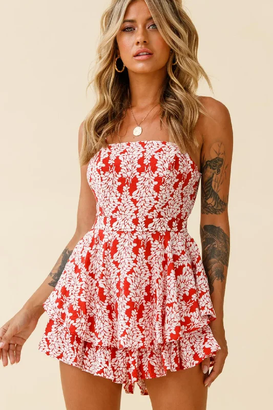 Alexandria Square Neckline Tie Back Romper Floral Print Red