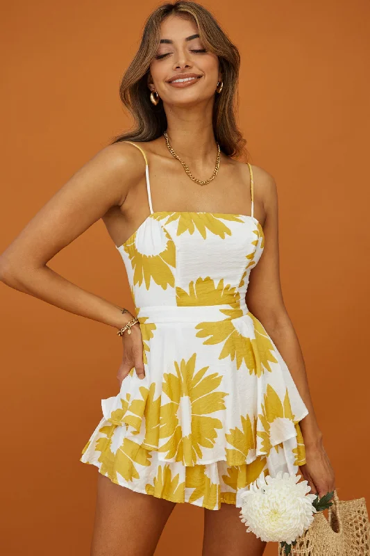 Alexandria Square Neckline Tie Back Romper Large Sunflower Print Yellow