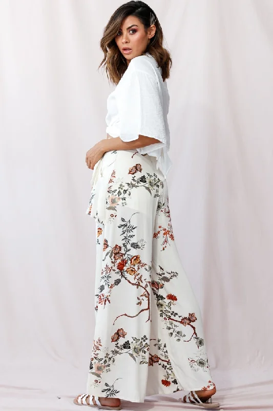 Amanda Wide-Leg Frill Detail Pants Floral Print Beige