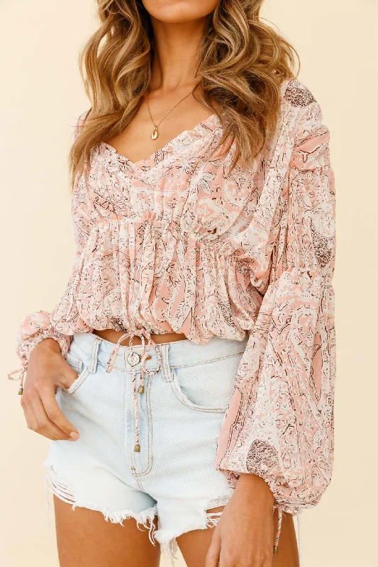 Beau Balloon Sleeve Drawstring Top Ornate Print Pink