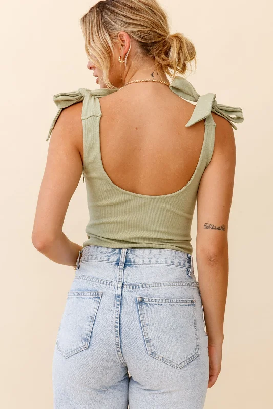 Can't Stop Me Bow Shoulder Bodysuit Moss Green