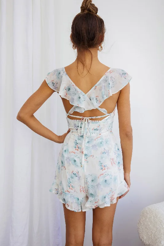 Catch Feelings Ruffle Strap Romper Floral Blush