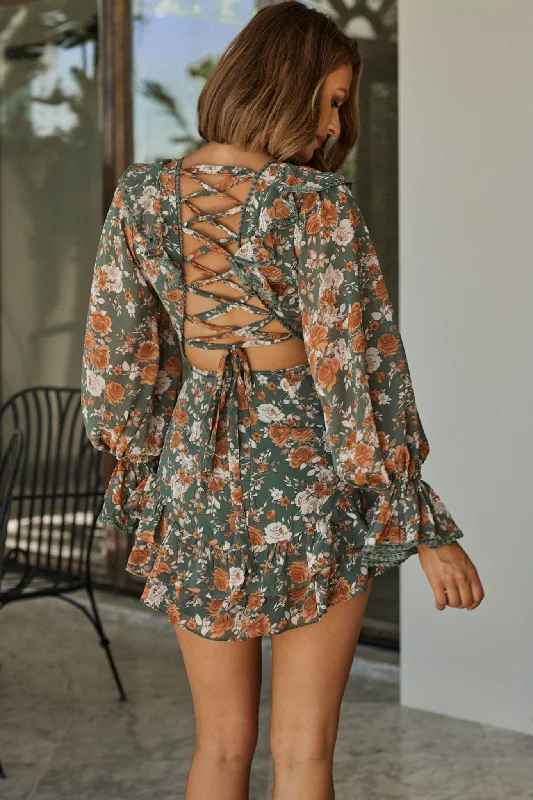 Charade Long Sleeve Corset Back Dress Floral Print Mint