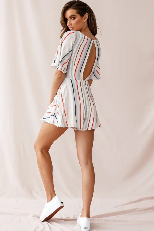 Davina Angel Sleeve Cut-Out Back Romper Multi Stripe Print