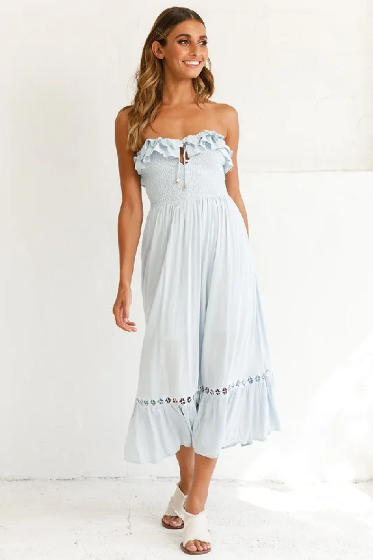 Daydream Shirred Bust Frill Trim Maxi Dress Ice Blue