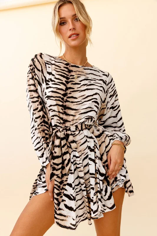 Drift Away Long Sleeve Godet Detail Dress Tiger Print