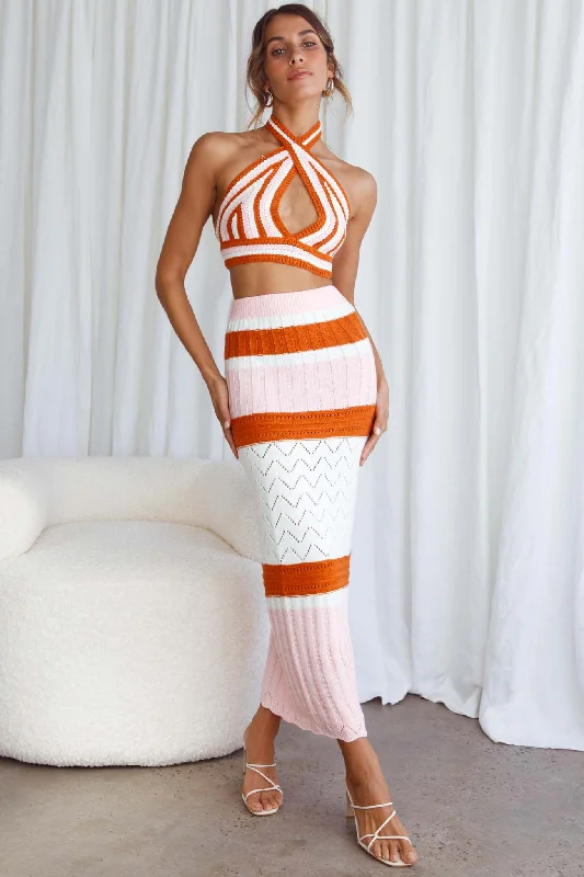 Higher Love Knit Halterneck Crop Top Striped Orange