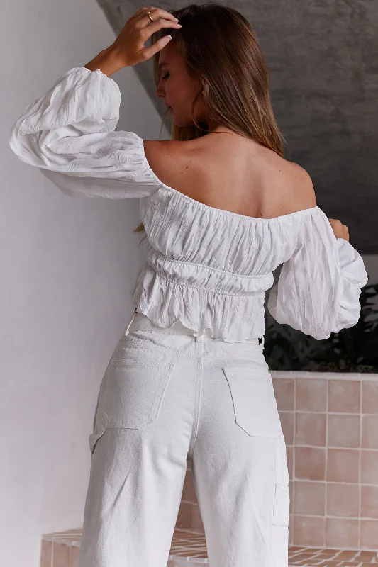 Josephina Off-Shoulder Long Sleeve Lace-Up Front Crop Top White