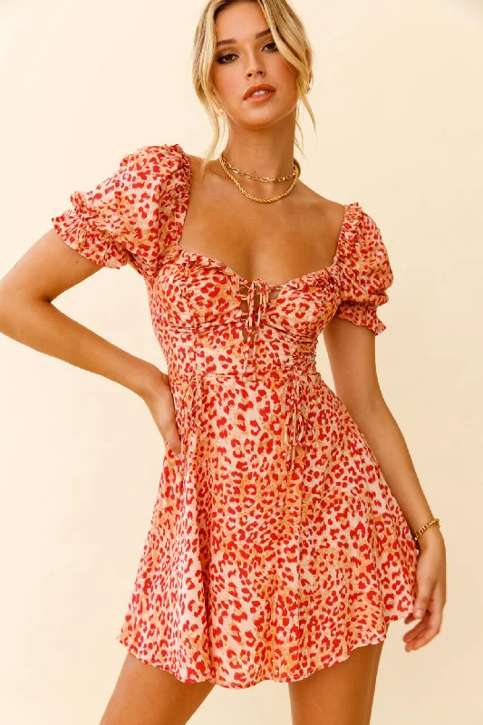 La Quinta Lace-Up Bust Drawstring Detail A-Line Dress Leopard Print Orange