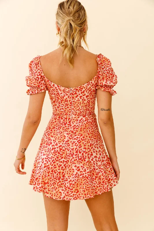 La Quinta Lace-Up Bust Drawstring Detail A-Line Dress Leopard Print Orange