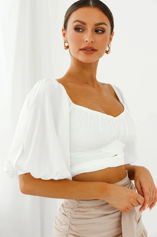 Linka Off-Shoulder Half Sleeve Tie-Back Crop Top White