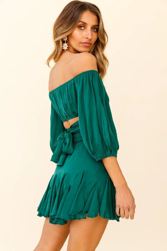 Linka Off-Shoulder Half Sleeve Tie-Back Crop Top Forest Green