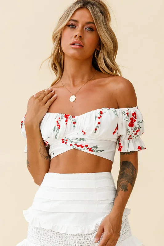 Linka Off-Shoulder Tie-Back Crop Top Red Floral Print White