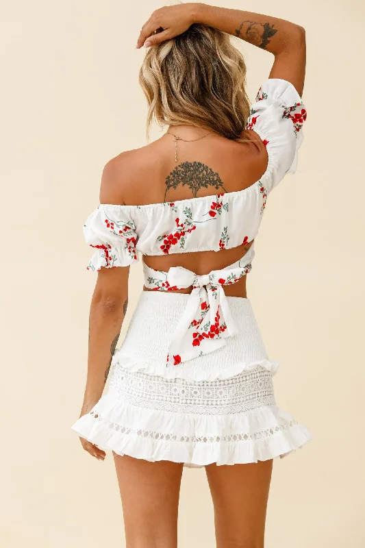 Linka Off-Shoulder Tie-Back Crop Top Red Floral Print White