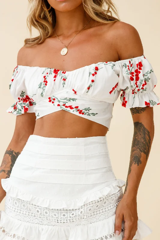 Linka Off-Shoulder Tie-Back Crop Top Red Floral Print White