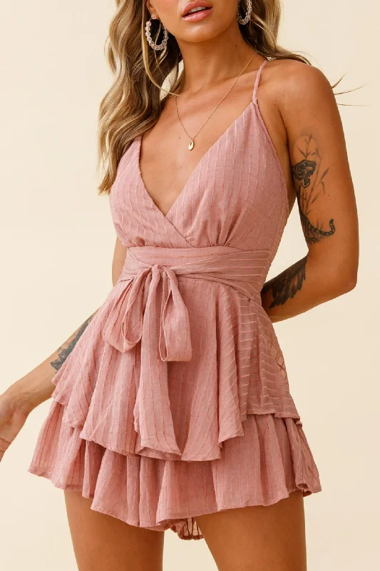 Maddox Fit & Flare Cami Strap Romper Textured Stripe Rose