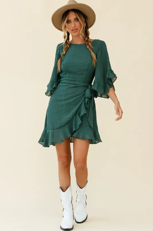 Make It Happen Flared Sleeve Ruffle Trim Dress Green