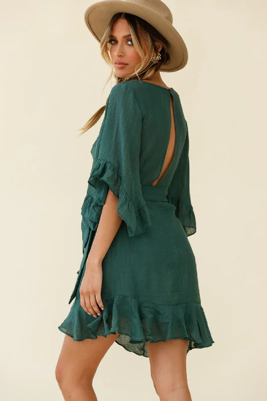 Make It Happen Flared Sleeve Ruffle Trim Dress Green