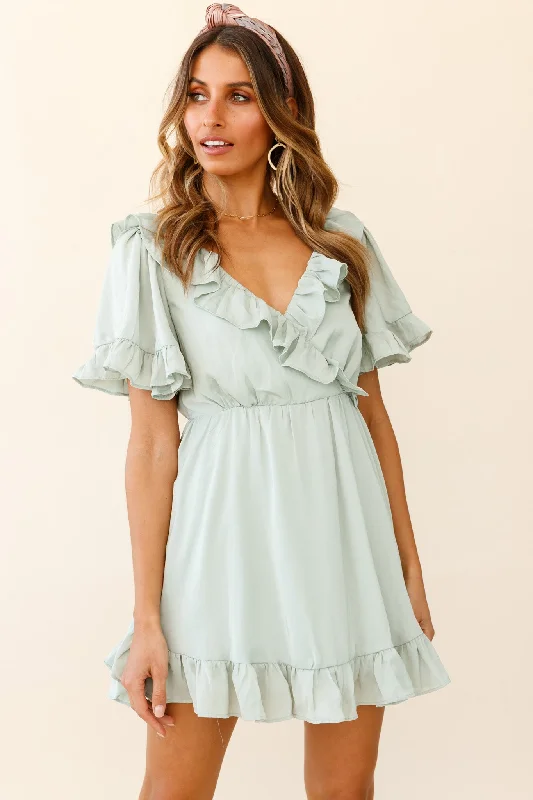 Malika Angel Sleeve Ruffle Trim Dress Pistachio