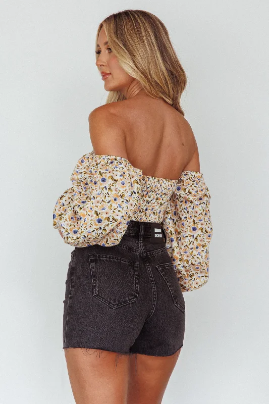 Maureen Off-Shoulder Shirred Crop Top Orange Multi