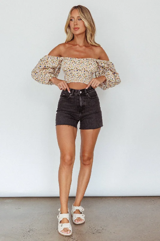 Maureen Off-Shoulder Shirred Crop Top Orange Multi