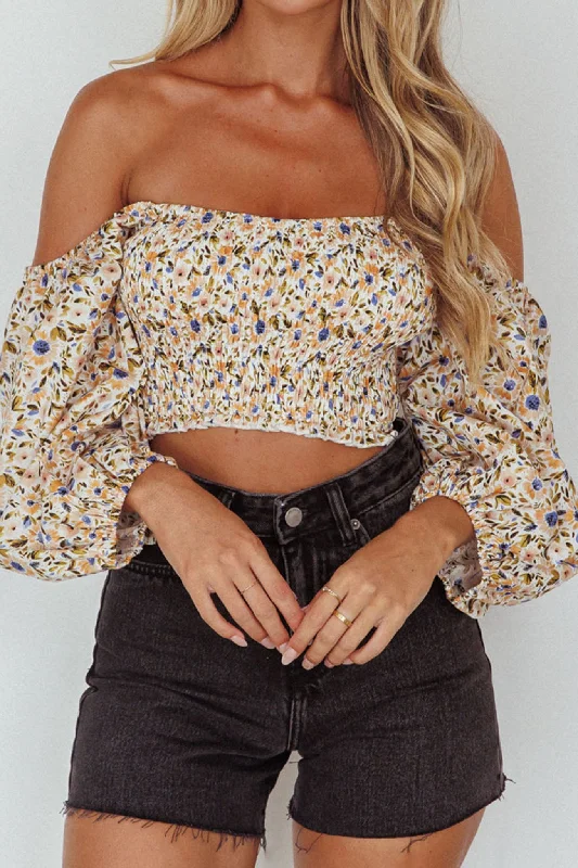 Maureen Off-Shoulder Shirred Crop Top Orange Multi