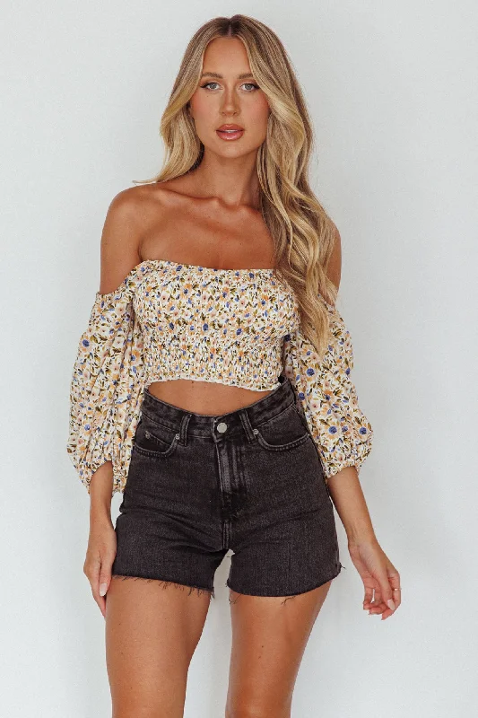 Maureen Off-Shoulder Shirred Crop Top Orange Multi