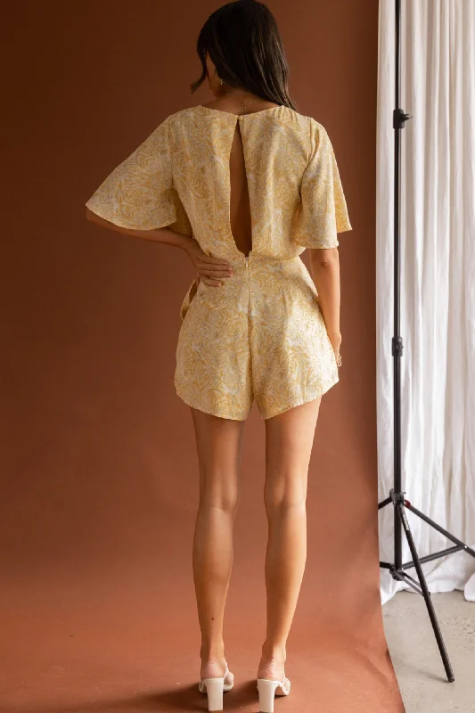 Nadi V-Neckline Wrap Romper Rose Flower Print Yellow