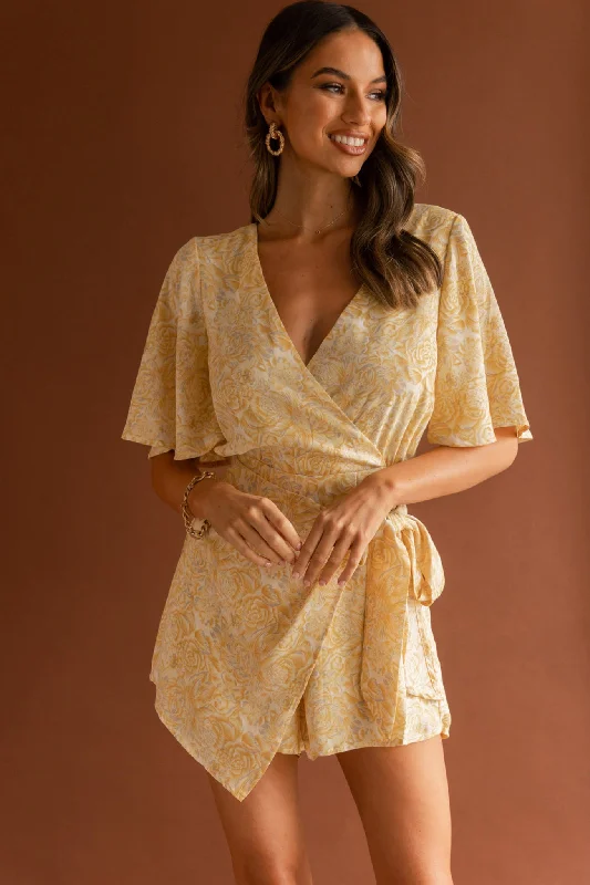 Nadi V-Neckline Wrap Romper Rose Flower Print Yellow