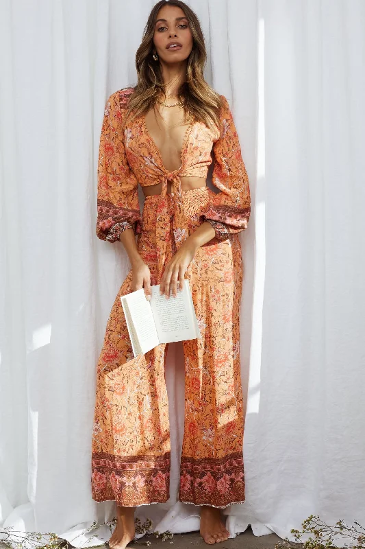 Novo Shirred Waist Long Pants Bohemian Print Orange