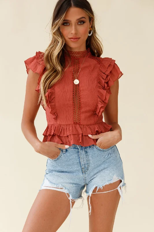 Oakland High Neck Ruffle Detail Top Rust