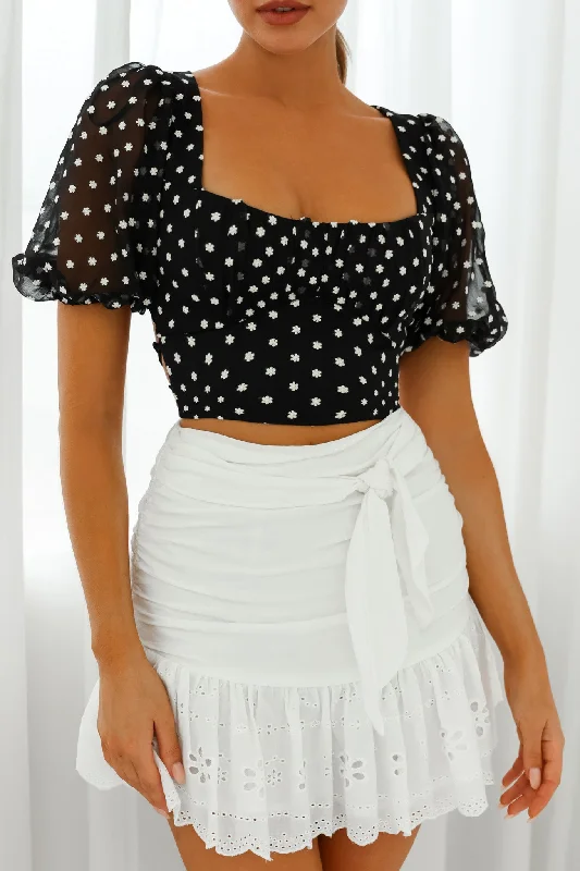 Petite Cherie Puff Sleeve Lace-Up Back Crop Top Floral Embroidered Black