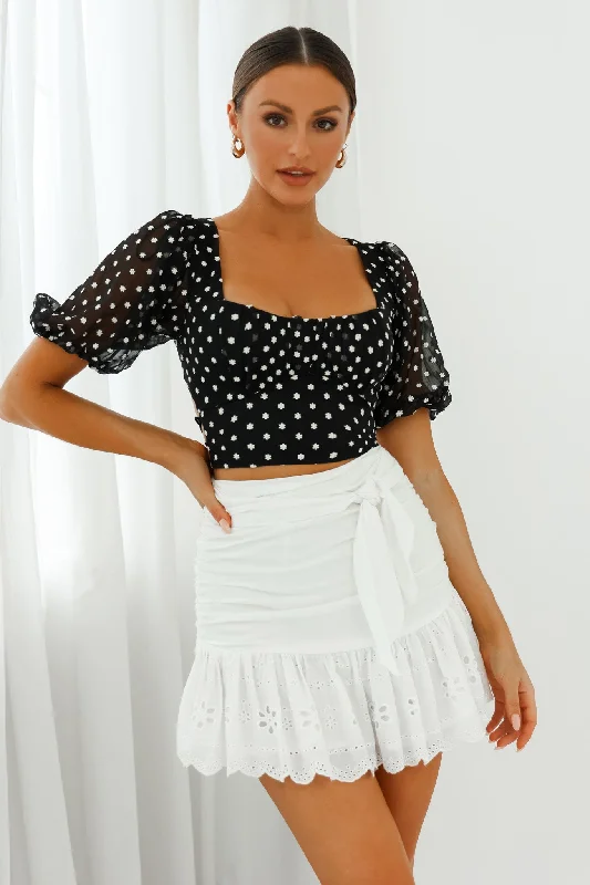 Petite Cherie Puff Sleeve Lace-Up Back Crop Top Floral Embroidered Black