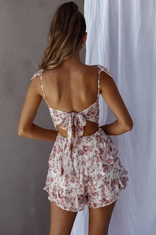 Revel Ruffle Trim Tied Back Romper Floral Pink