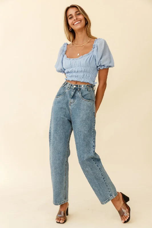 Romantics Shirred Bodice Puff Sleeve Crop Top Blue