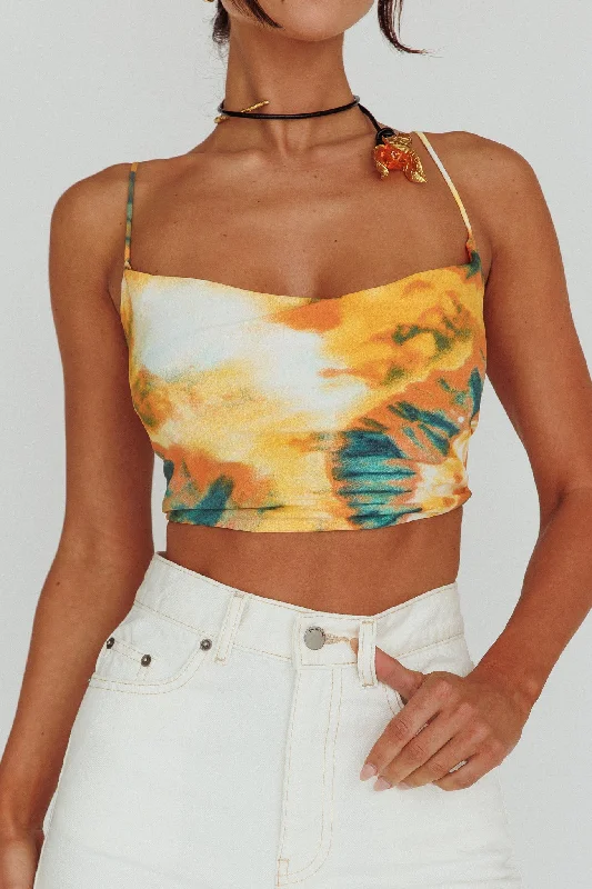 Show Me Love Cowl Neck Tied Back Crop Top Tie-Dye Yellow