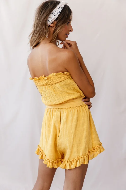 Stephy Frill-Trimmed Elasticated Strapless Romper Yellow