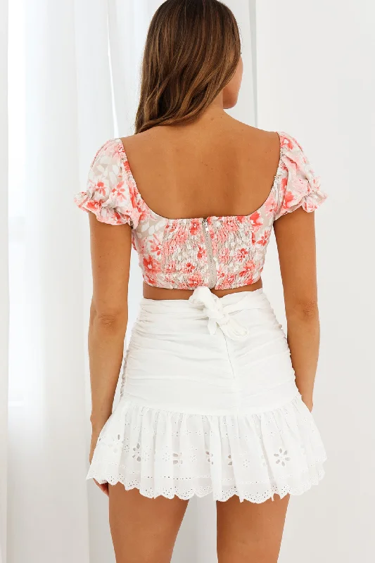 Sweet Romance Sweetheart Neckline Crop Top Floral Print Coral/Beige