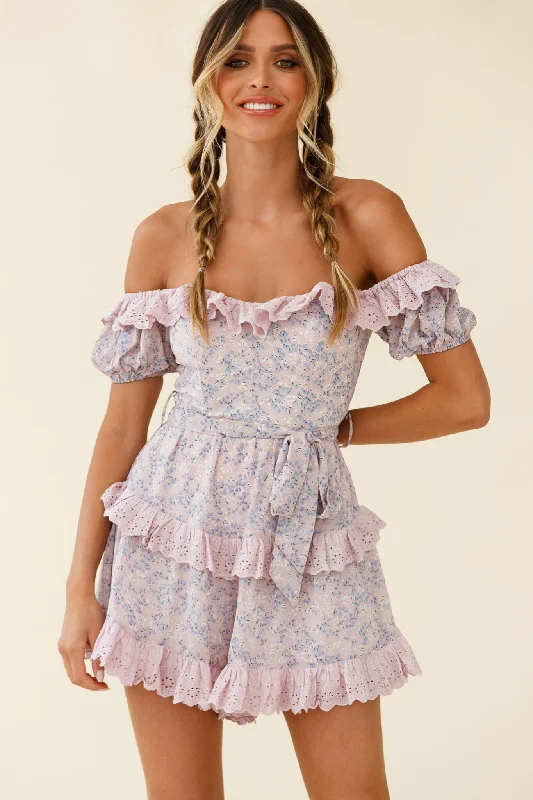 Tulsa Off Shoulder Waist Tie Frill Romper Floral Print Pink