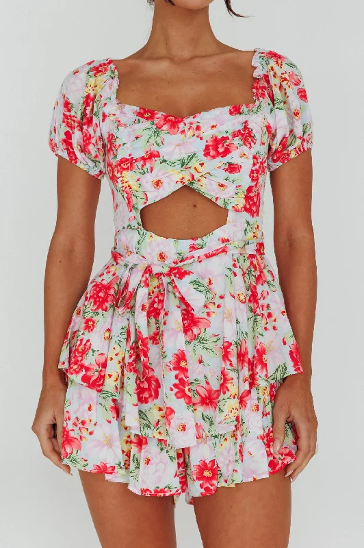 Whimsical Cut-out Bodice Romper Floral Pink