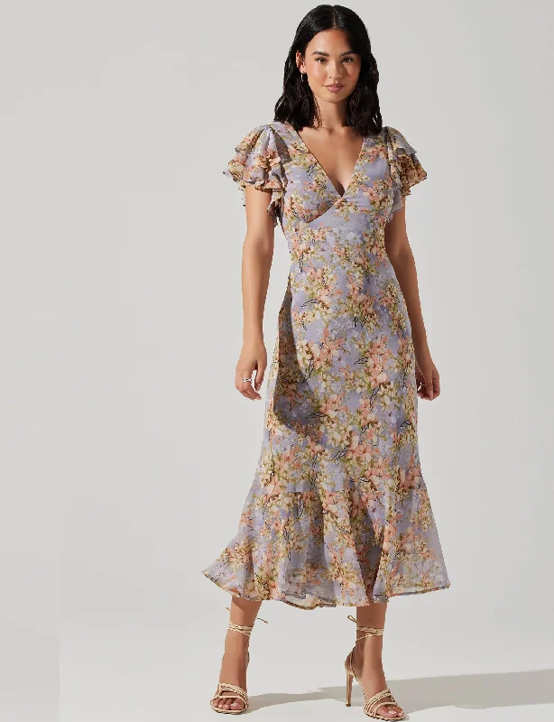 Celestine Flutter Sleeve Midi Dress, Lilac Peach Floral