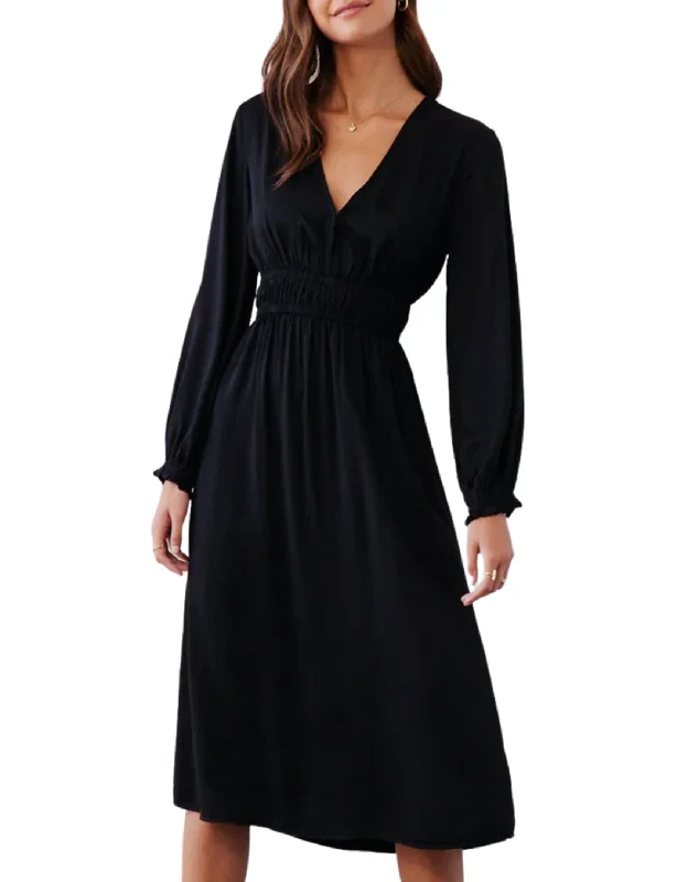 Elastic Waist V-Neck Dress, Black