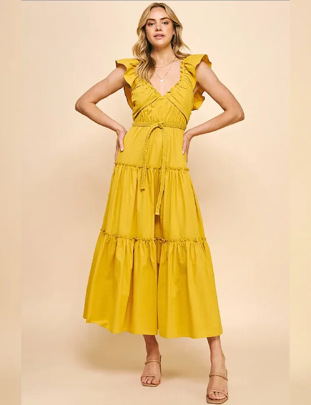 Golden Tiered Maxi Dress, Yellow