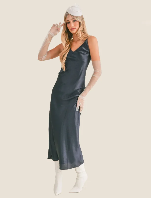 Artemis Back Strap Detail Maxi Slip Dress, Navy