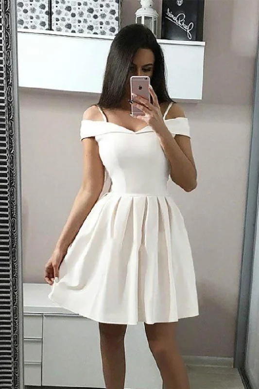 A-Line White Spaghetti Straps Satin Homecoming Dress Short Prom Dress  PD249