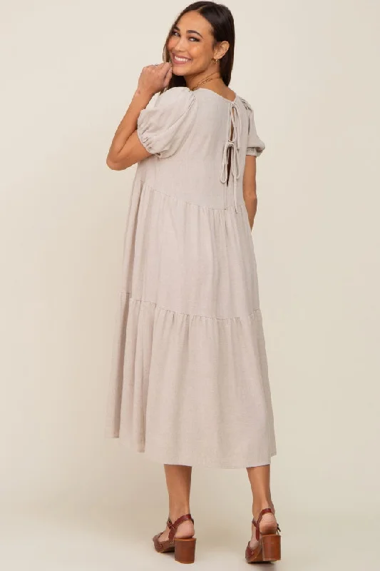 Beige Linen Short Sleeve Tiered Back Tie Maternity Midi Dress