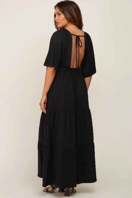 Black Deep V-Neck Tiered Maternity Maxi Dress