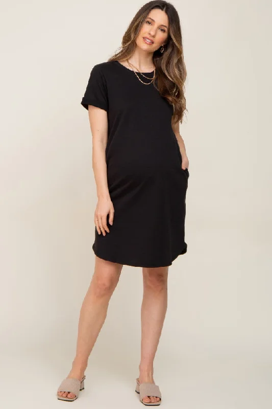 Black French Terry Cuffed Short Sleeve Maternity Dress