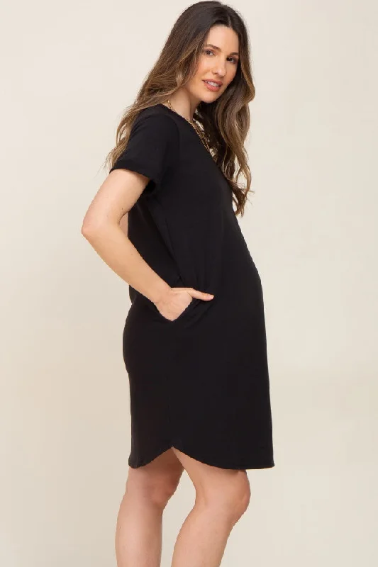 Black French Terry Cuffed Short Sleeve Maternity Dress