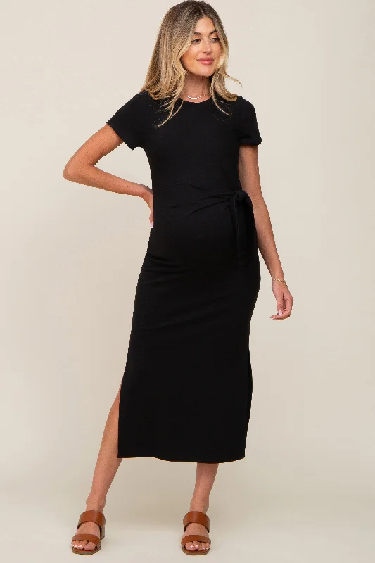 Black Front Tie Side Slit Maternity Midi Dress